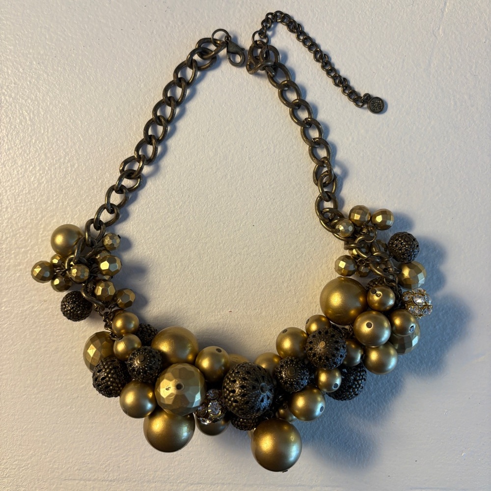 Eye-Catching Vera Wang Textured Golden Ball & Rhinestone Statement Necklace